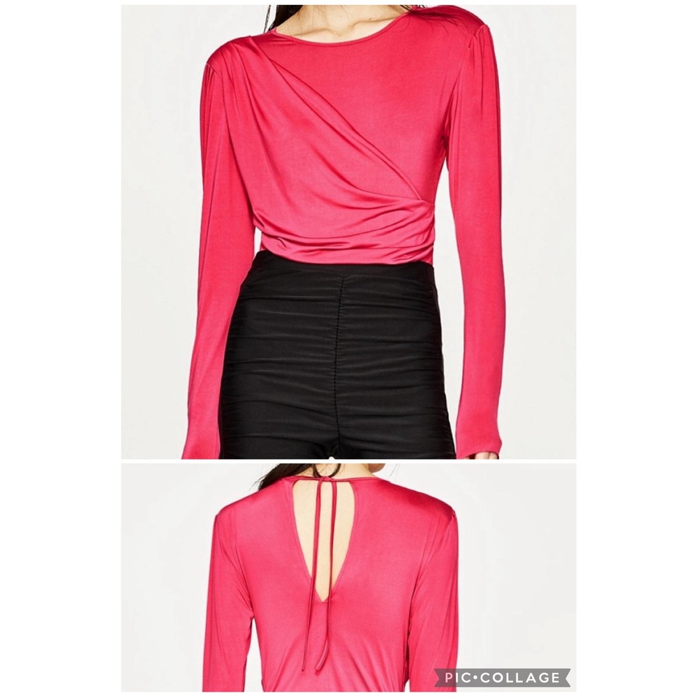 (B6) Zara Trafaluc Pink Draped Wrap Front‎ Long Sleeve Bodysuit S Open Back Tie
